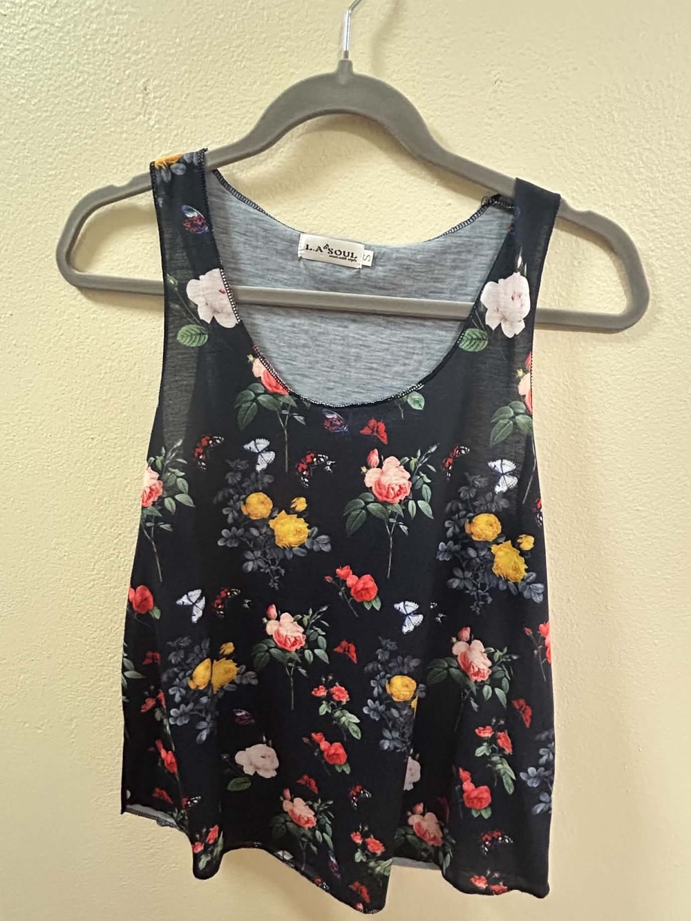 LA Soul Black Floral Tank Top with Yellow & Red Blooms